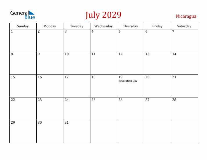 Nicaragua July 2029 Calendar - Sunday Start