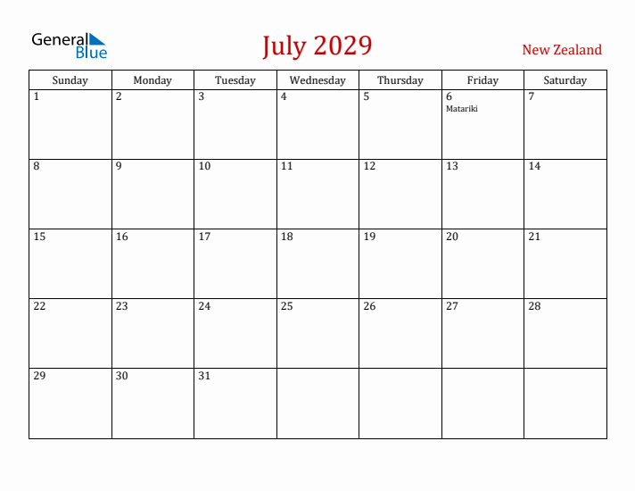 New Zealand July 2029 Calendar - Sunday Start