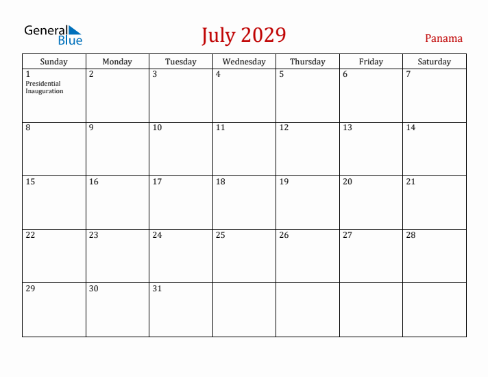 Panama July 2029 Calendar - Sunday Start