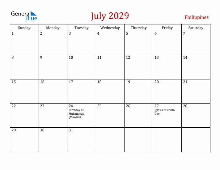 Philippines July 2029 Calendar - Sunday Start