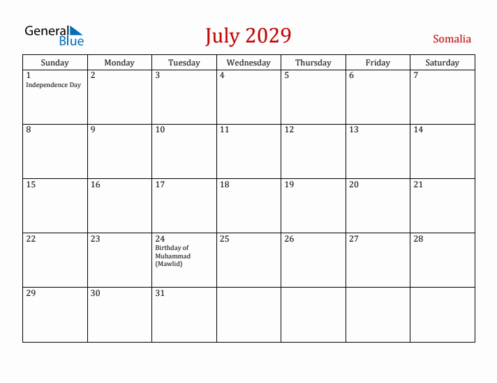 Somalia July 2029 Calendar - Sunday Start