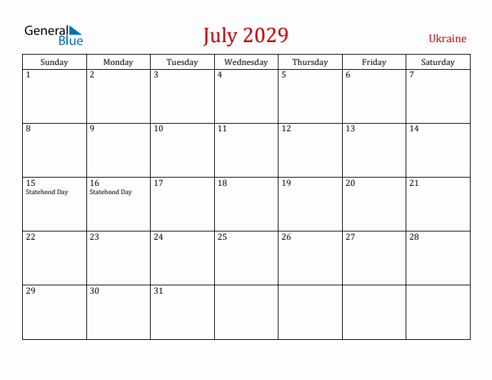 Ukraine July 2029 Calendar - Sunday Start