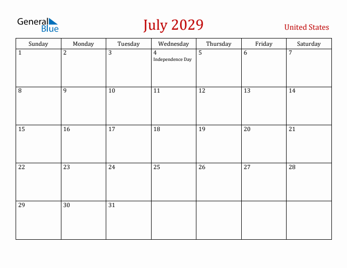 United States July 2029 Calendar - Sunday Start