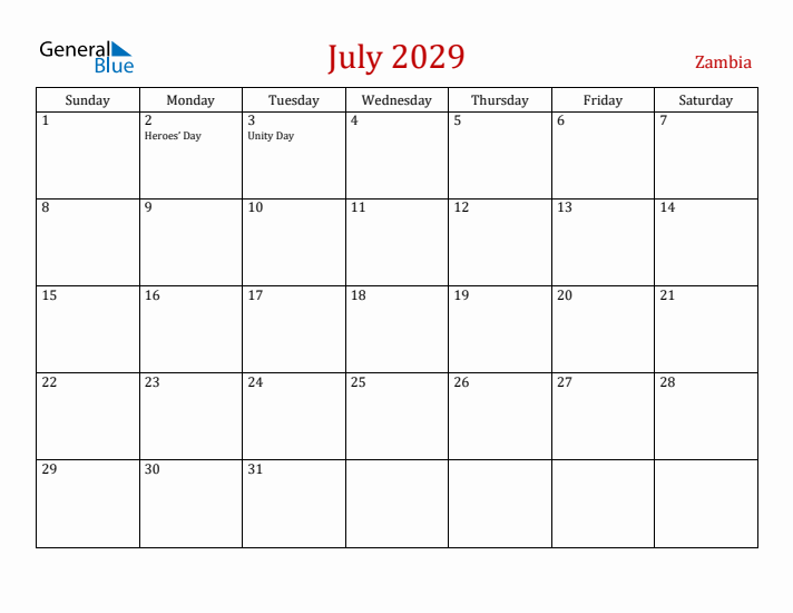 Zambia July 2029 Calendar - Sunday Start
