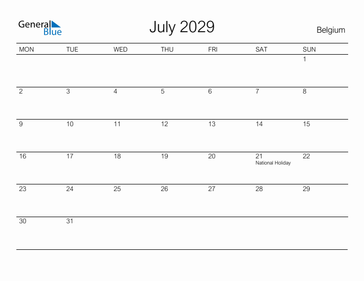Printable July 2029 Calendar for Belgium