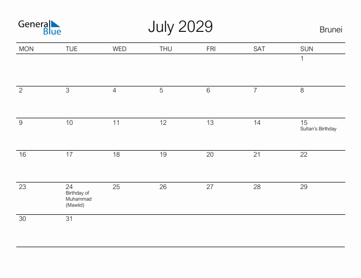Printable July 2029 Calendar for Brunei