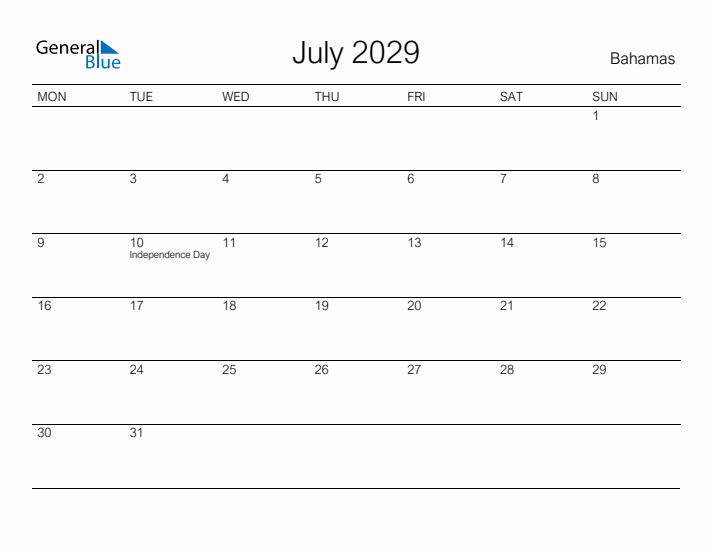 Printable July 2029 Calendar for Bahamas