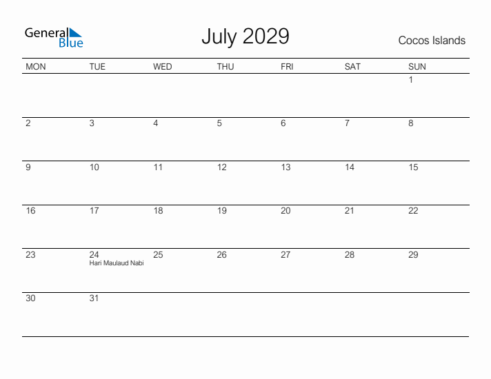 Printable July 2029 Calendar for Cocos Islands