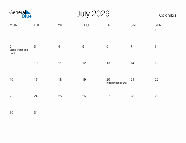 Printable July 2029 Calendar for Colombia