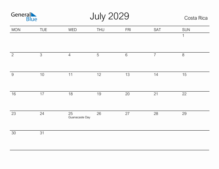 Printable July 2029 Calendar for Costa Rica