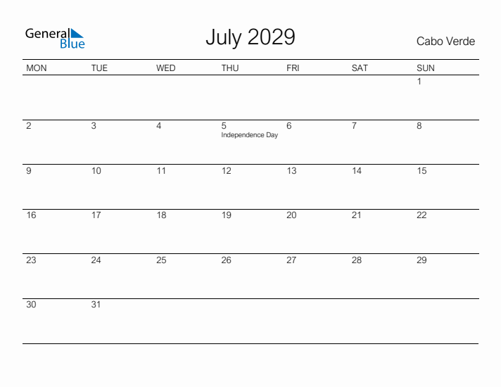 Printable July 2029 Calendar for Cabo Verde