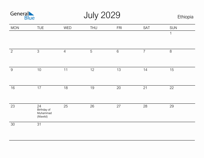 Printable July 2029 Calendar for Ethiopia