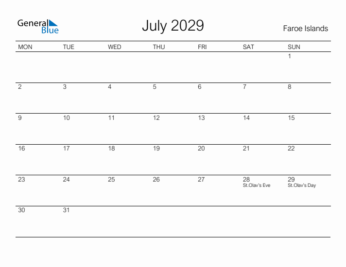 Printable July 2029 Calendar for Faroe Islands