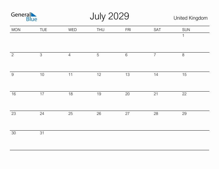 Printable July 2029 Calendar for United Kingdom