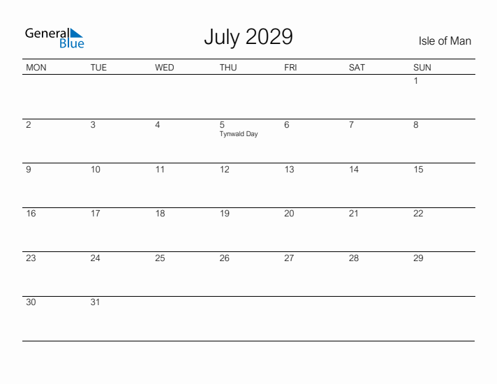 Printable July 2029 Calendar for Isle of Man