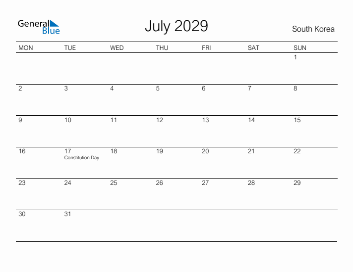 Printable July 2029 Calendar for South Korea