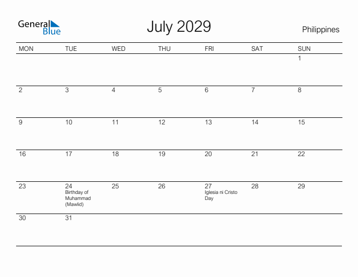 Printable July 2029 Calendar for Philippines