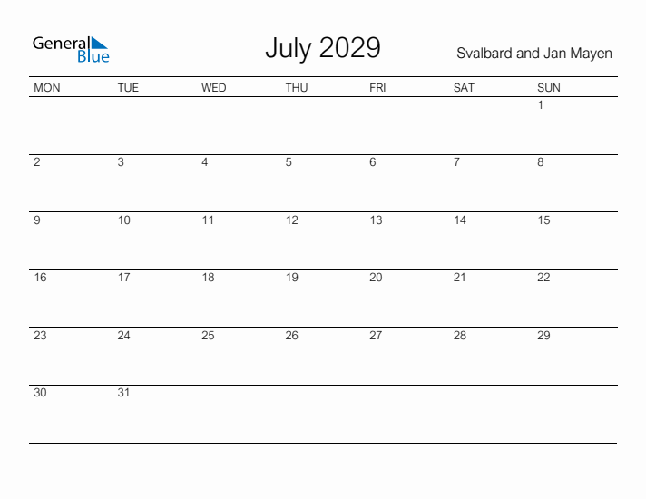 Printable July 2029 Calendar for Svalbard and Jan Mayen
