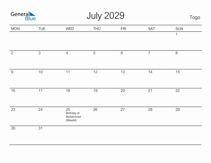 Printable July 2029 Calendar for Togo