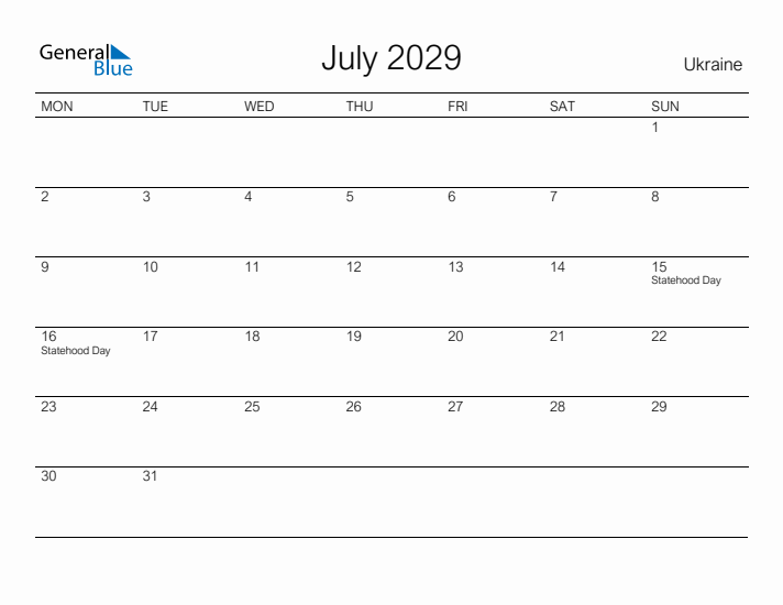 Printable July 2029 Calendar for Ukraine