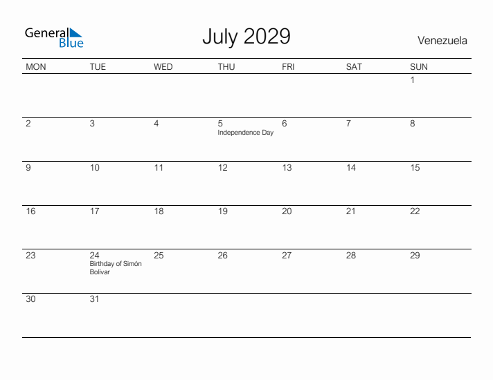 Printable July 2029 Calendar for Venezuela
