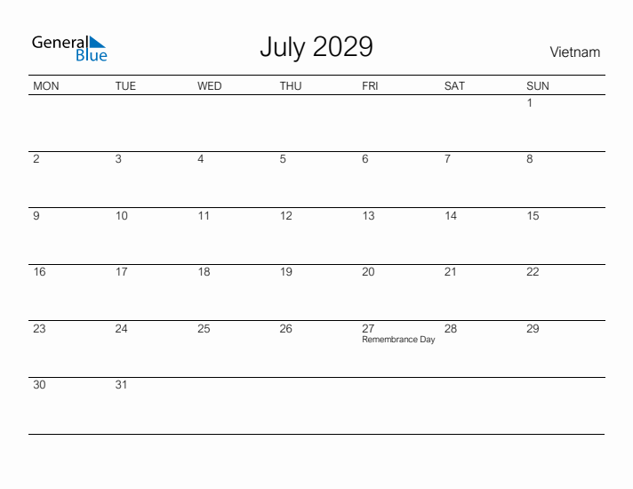 Printable July 2029 Calendar for Vietnam