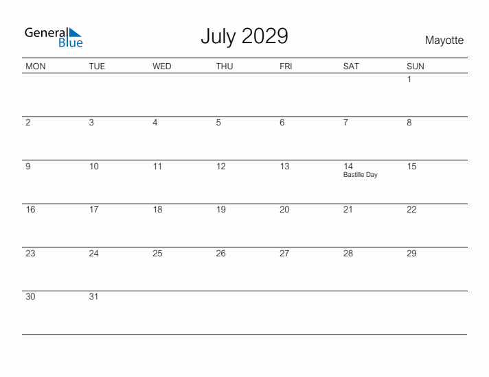 Printable July 2029 Calendar for Mayotte
