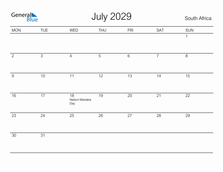 Printable July 2029 Calendar for South Africa