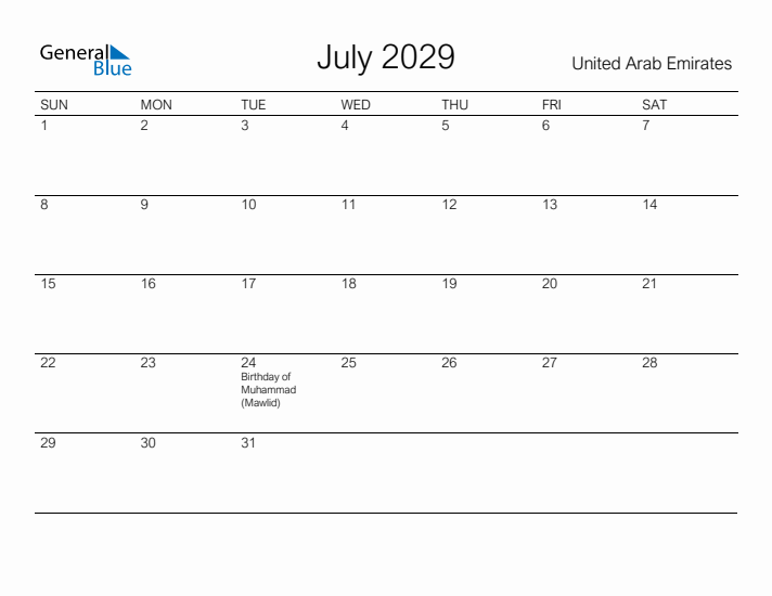 Printable July 2029 Calendar for United Arab Emirates