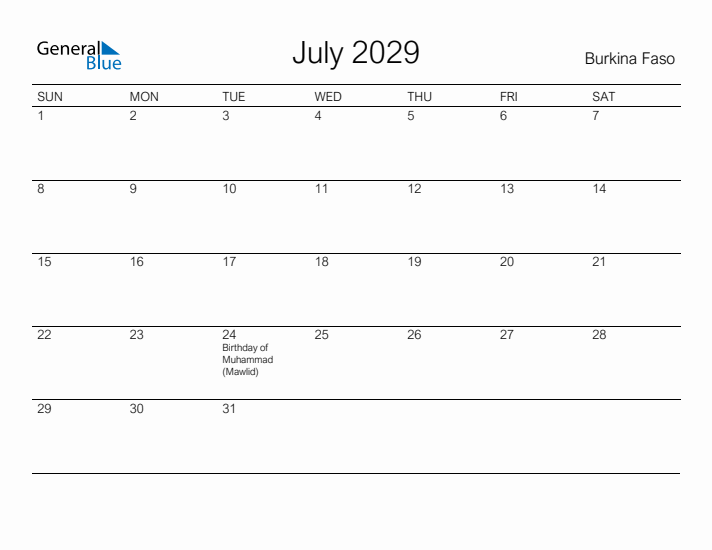 Printable July 2029 Calendar for Burkina Faso