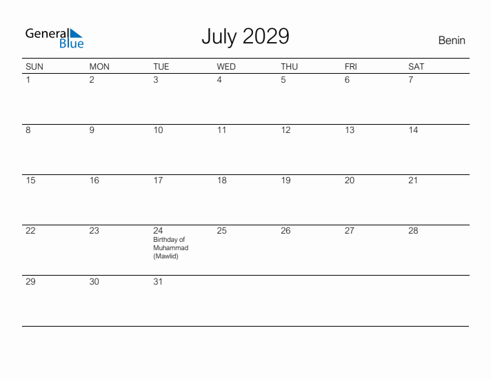 Printable July 2029 Calendar for Benin