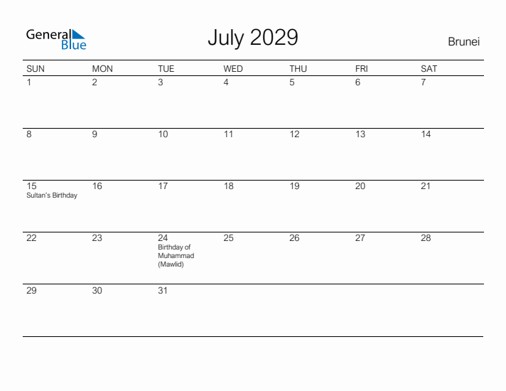 Printable July 2029 Calendar for Brunei