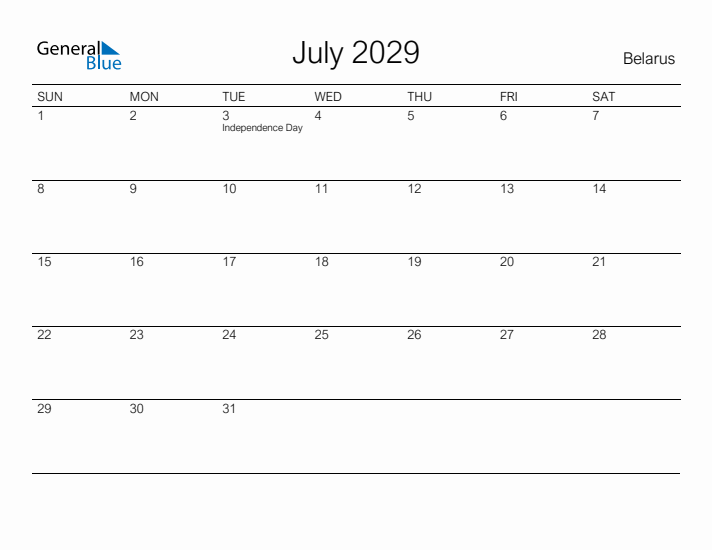 Printable July 2029 Calendar for Belarus