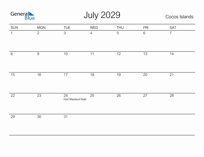 Printable July 2029 Calendar for Cocos Islands