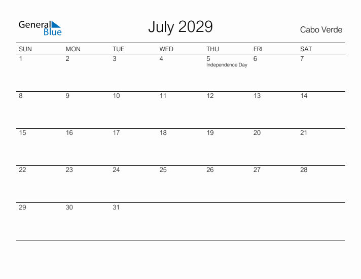 Printable July 2029 Calendar for Cabo Verde