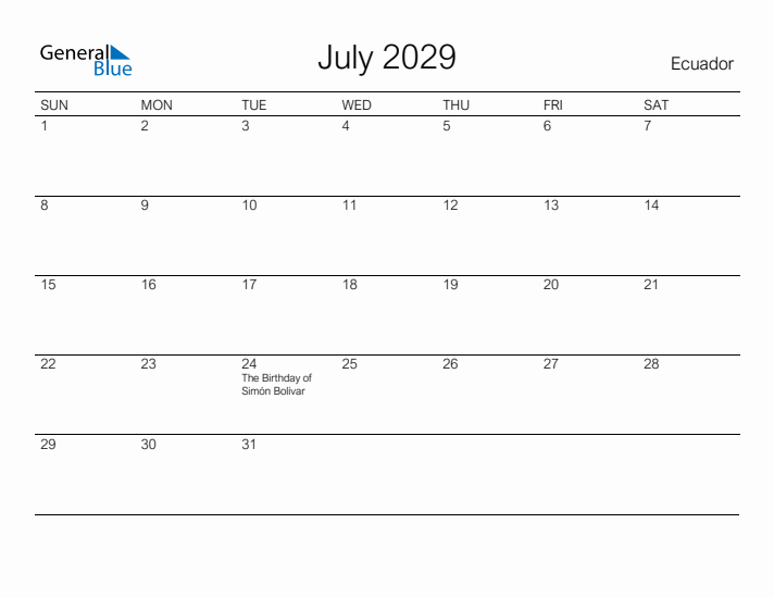 Printable July 2029 Calendar for Ecuador