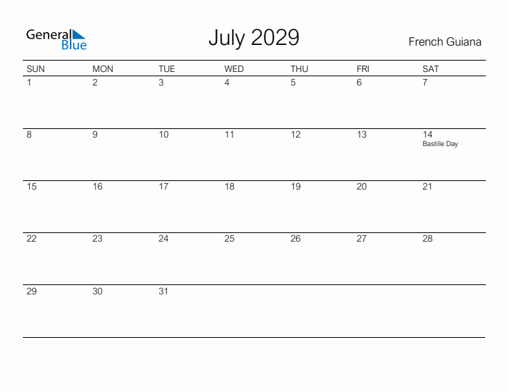 Printable July 2029 Calendar for French Guiana