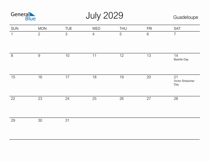 Printable July 2029 Calendar for Guadeloupe