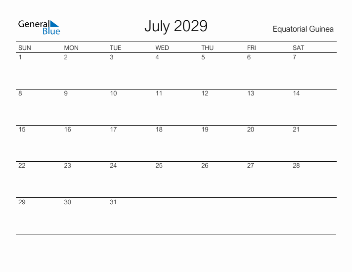 Printable July 2029 Calendar for Equatorial Guinea
