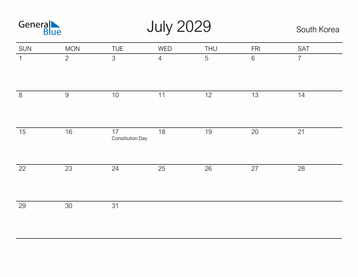 Printable July 2029 Calendar for South Korea