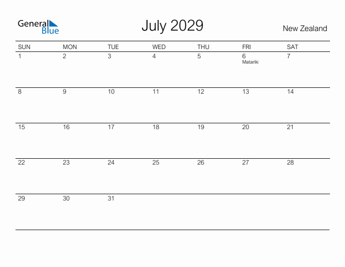 Printable July 2029 Calendar for New Zealand