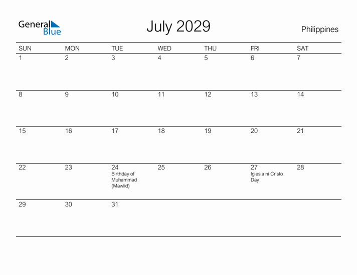 Printable July 2029 Calendar for Philippines