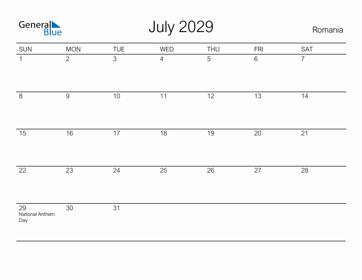 Printable July 2029 Calendar for Romania