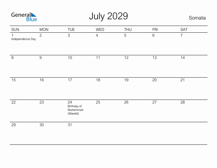 Printable July 2029 Calendar for Somalia