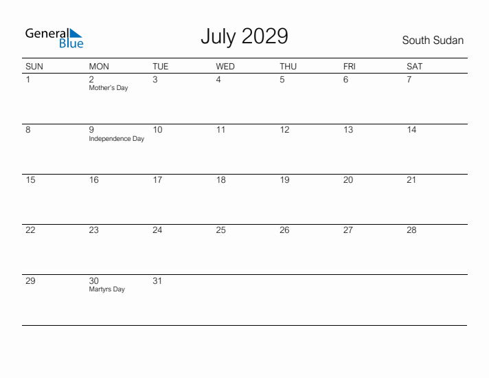 Printable July 2029 Calendar for South Sudan