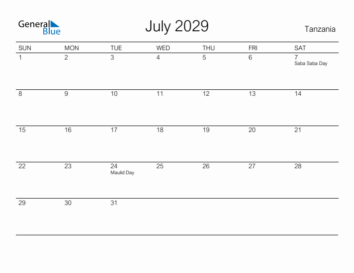 Printable July 2029 Calendar for Tanzania