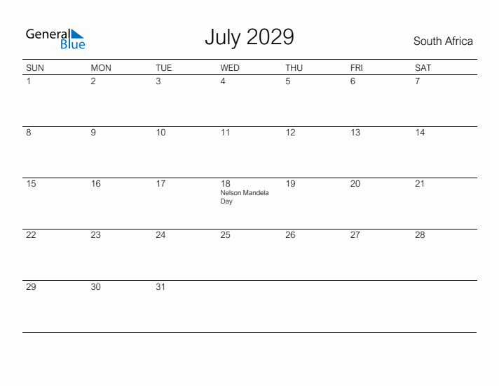 Printable July 2029 Calendar for South Africa