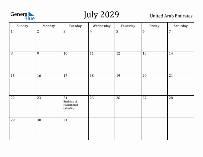 July 2029 Calendar United Arab Emirates
