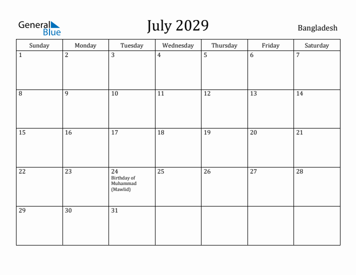 July 2029 Calendar Bangladesh