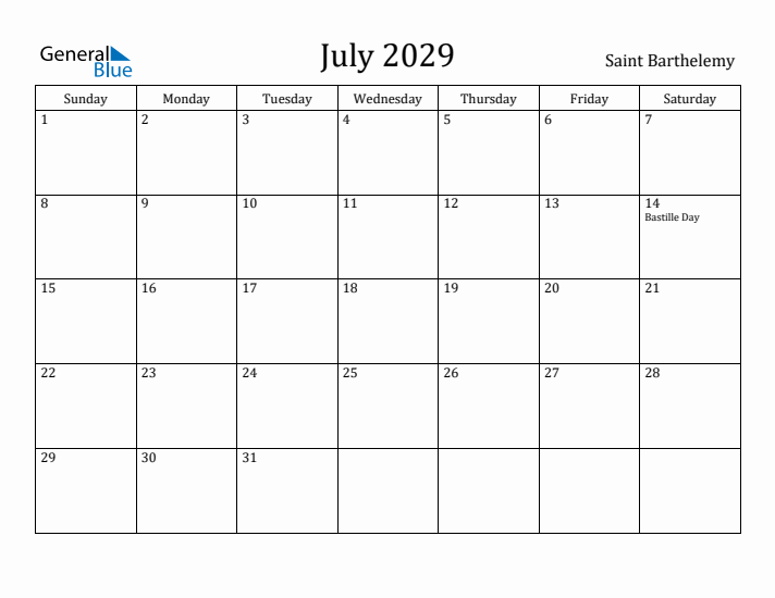 July 2029 Calendar Saint Barthelemy